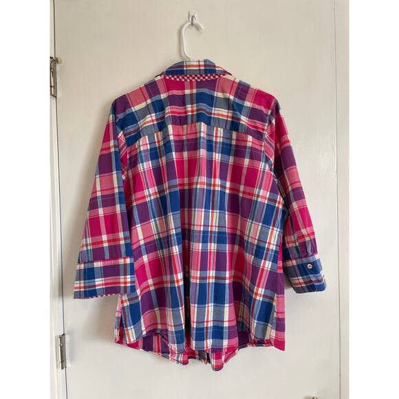 Foxcroft shaped pink plaid button up shirt collared 3/4 sleeves stretch 20w - Picture 2 of 8